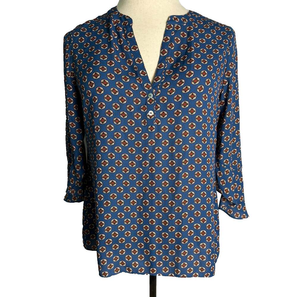 Chenault Blouse Womens Sz L Blue Floral Medallion V-Neck Bell Sleeve Boho Top
